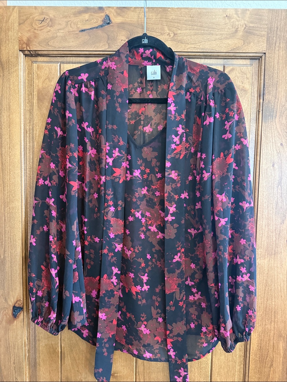 CAbi Candlelight BlousBlack Floral Tie-Neck Blouse with Pink & Burgundy Blossoms